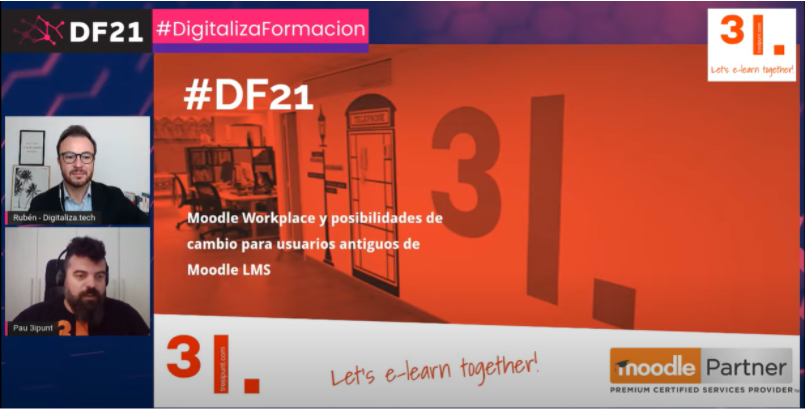 Captura de pantalla d'en Pau Plana i Rubén conjuntament amb la portada de la presentació de Moodle Workplace